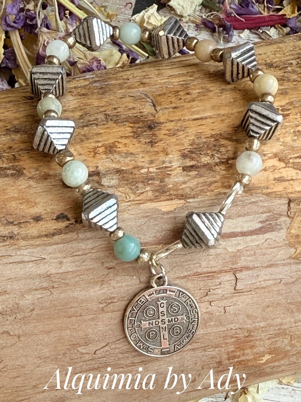 VINTAGE Silver SAINT BENEDICT amazonite bracelet